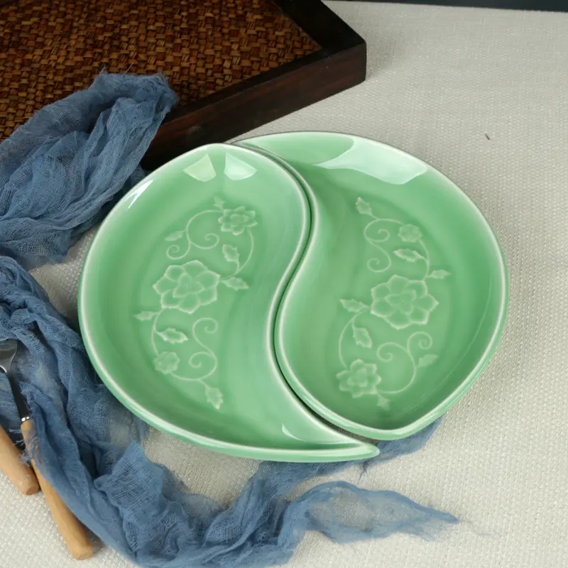 Celadon tableware for home plate plate plate ceramic chinoiserie creative dinner plate fish plate steamed fish stepless platter