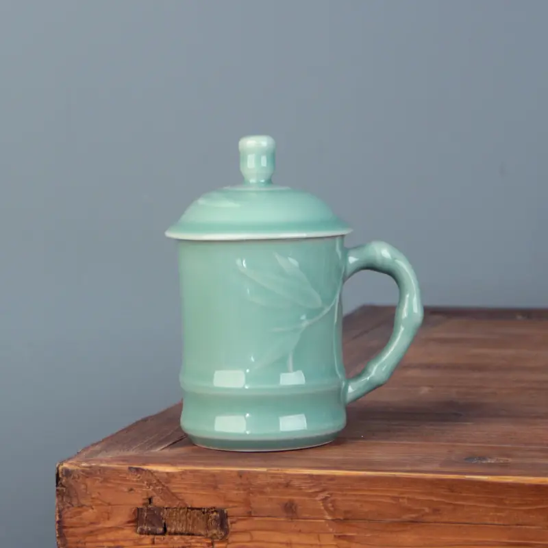 Celadon tea cup bamboo pattern with lid tea brewing cup office tea cup coffee cup ceramic cup