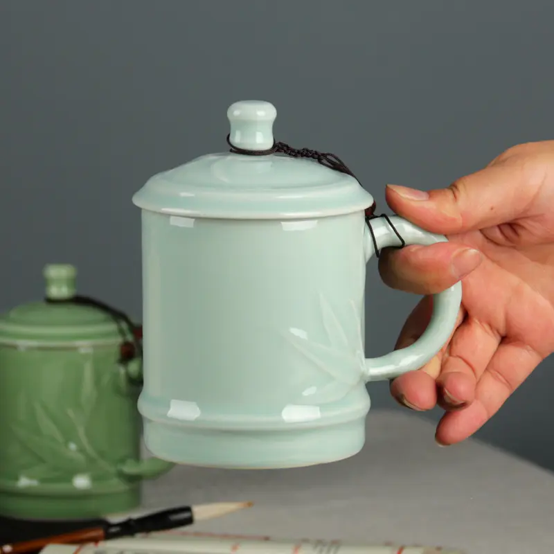 Celadon tea cup ceramic cup with lid tea cup office conference bamboo rhyme cup personal cup coffee cup