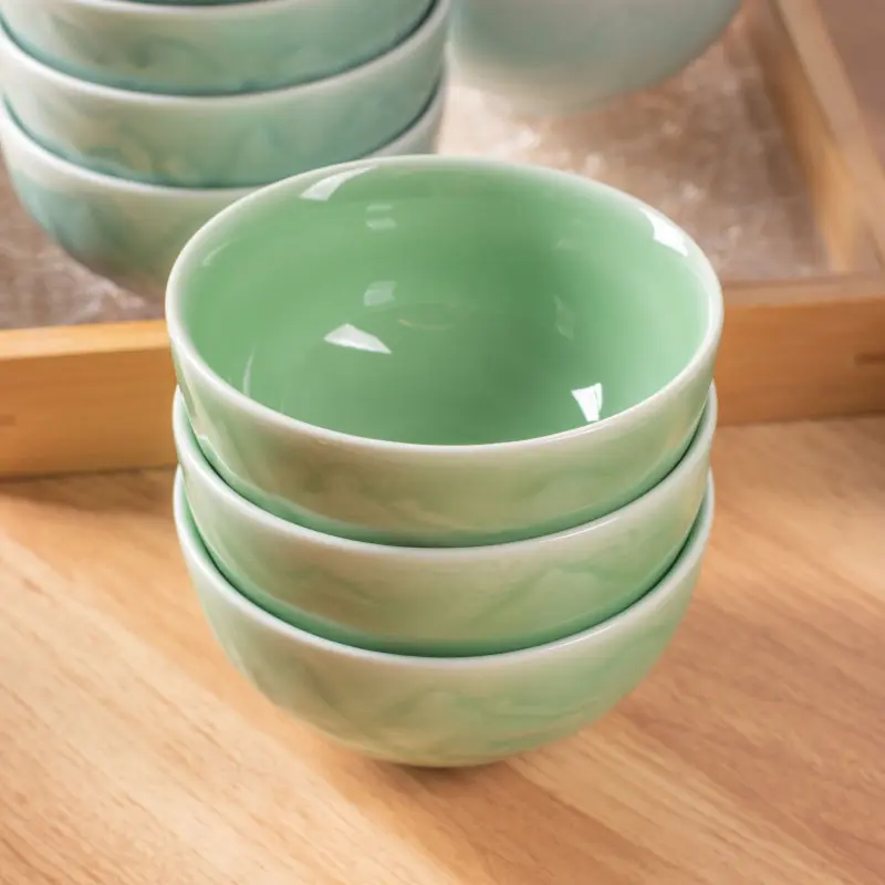 Celadon ceramic bowl for home 5inch ceramic rice bowl single landscape relief celadon tableware