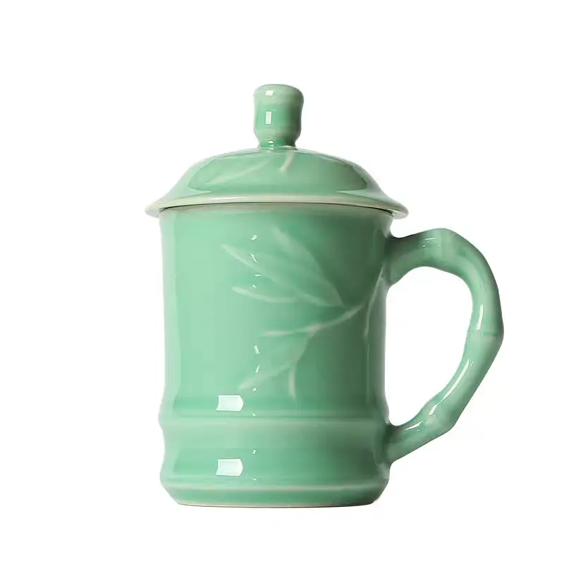 Celadon tea cup bamboo pattern with lid tea brewing cup office tea cup coffee cup ceramic cup