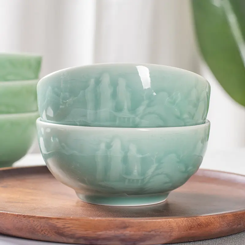 Celadon ceramic bowl for home 5inch ceramic rice bowl single landscape relief celadon tableware