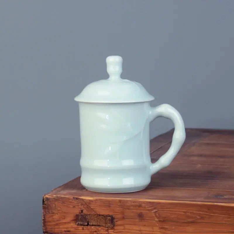 Celadon tea cup bamboo pattern with lid tea brewing cup office tea cup coffee cup ceramic cup