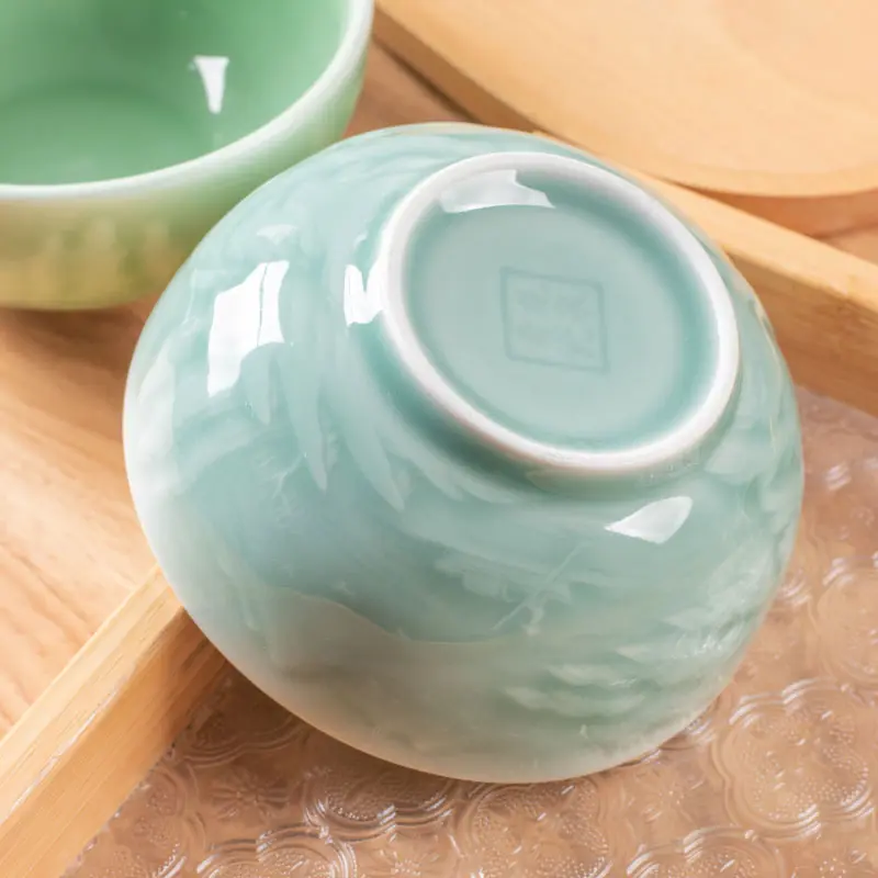 Celadon ceramic bowl for home 5inch ceramic rice bowl single landscape relief celadon tableware