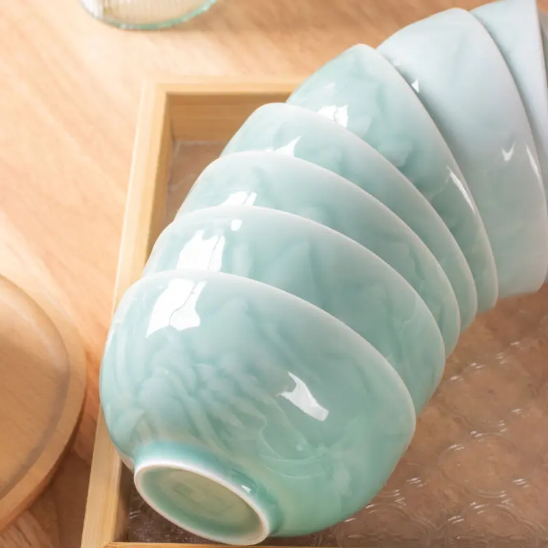 Celadon ceramic bowl for home 5inch ceramic rice bowl single landscape relief celadon tableware