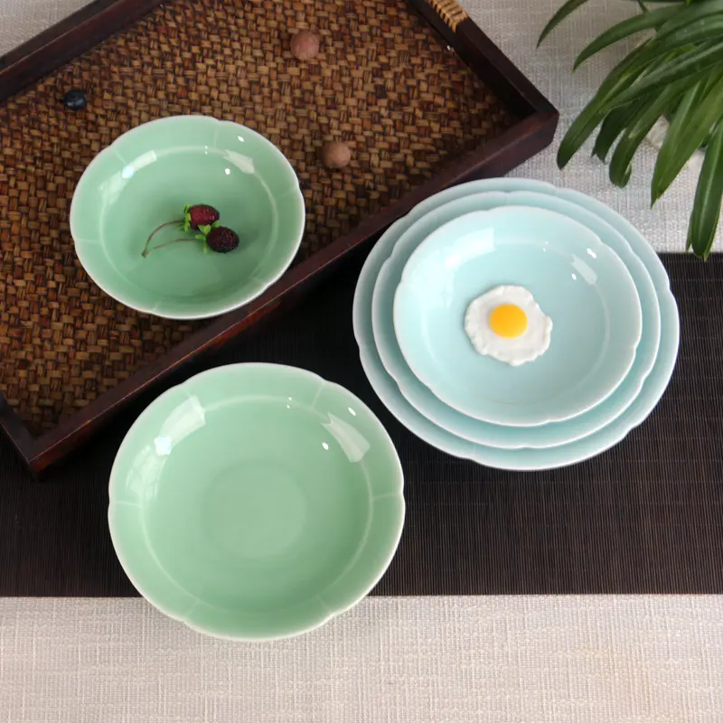 Ceramic plate longquan celadon chinoiserie imitation song plate for home dish plate fruit plate tableware deep plate