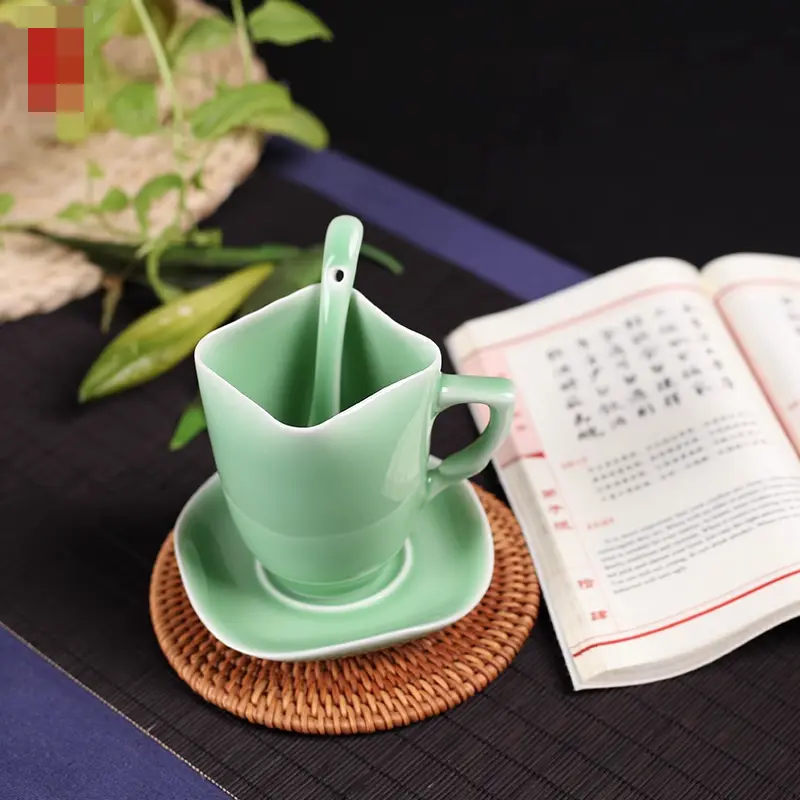 Celadon chinoiserie ceramic cup coffee cup suit milk cup creative three-piece set coffee cup saucer spoon