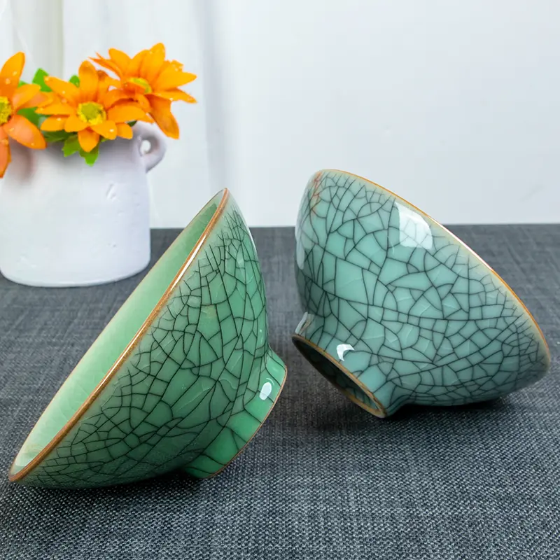 Ceramic 5inch rice bowl celadon bamboo hat bowl antique for home single small wine bowl longquan ice crackle tableware