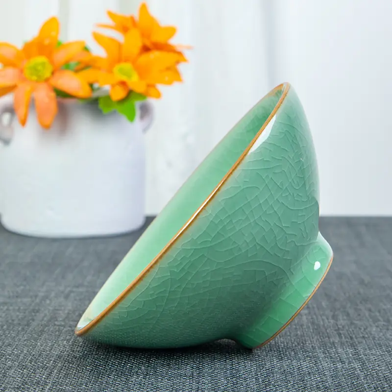 Ceramic 5inch rice bowl celadon bamboo hat bowl antique for home single small wine bowl longquan ice crackle tableware