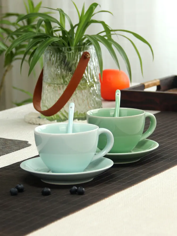 Celadon coffee cup ceramic hit style coffee set suit classic european style with small spoon creative pure color