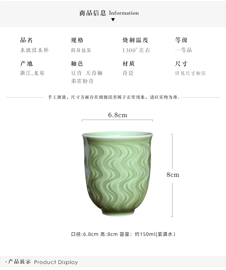 Ceramic cup celadon single cup tea cup master cup corrugated water cup ceramic office cup for home hotel club cup 150ml