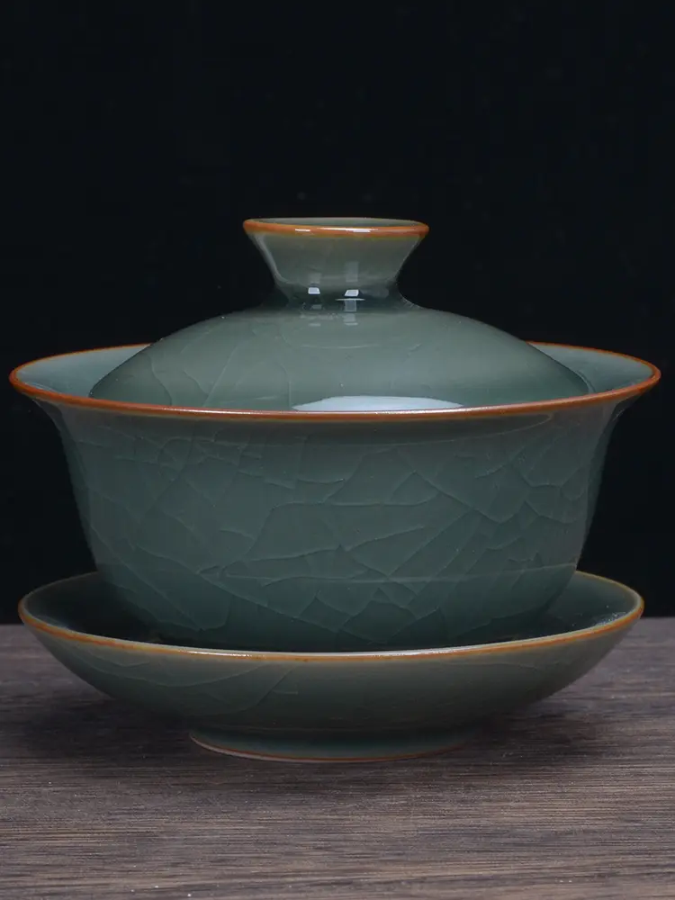 Gaiwan Longquan Celadon Kung Fu Tea Set Three Talents Ge Kiln Open Slices Ceramic Tea Bowl Hand Grab Covered Bowl