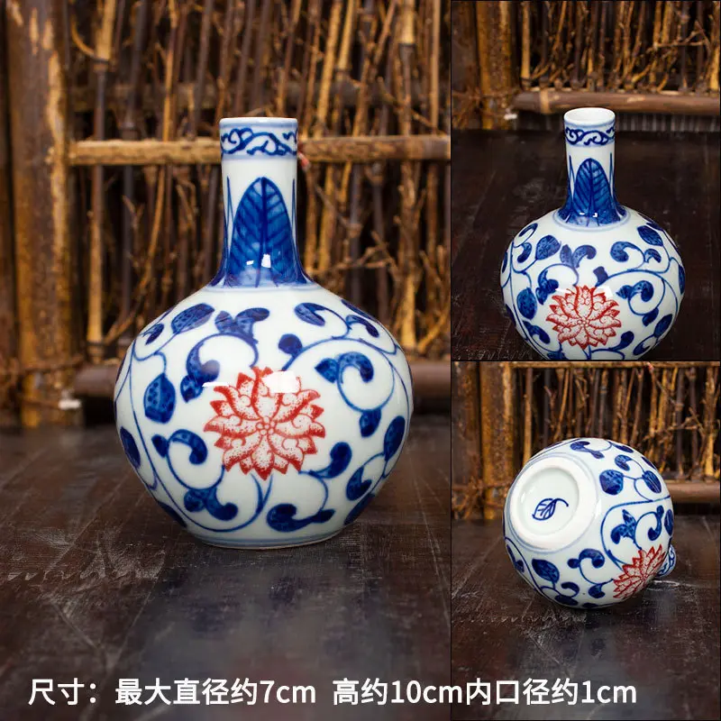 Mini sized ceramic vase furniture furnishing articles hand painted blue and white porcelain bottle glazed red wrapped lotus