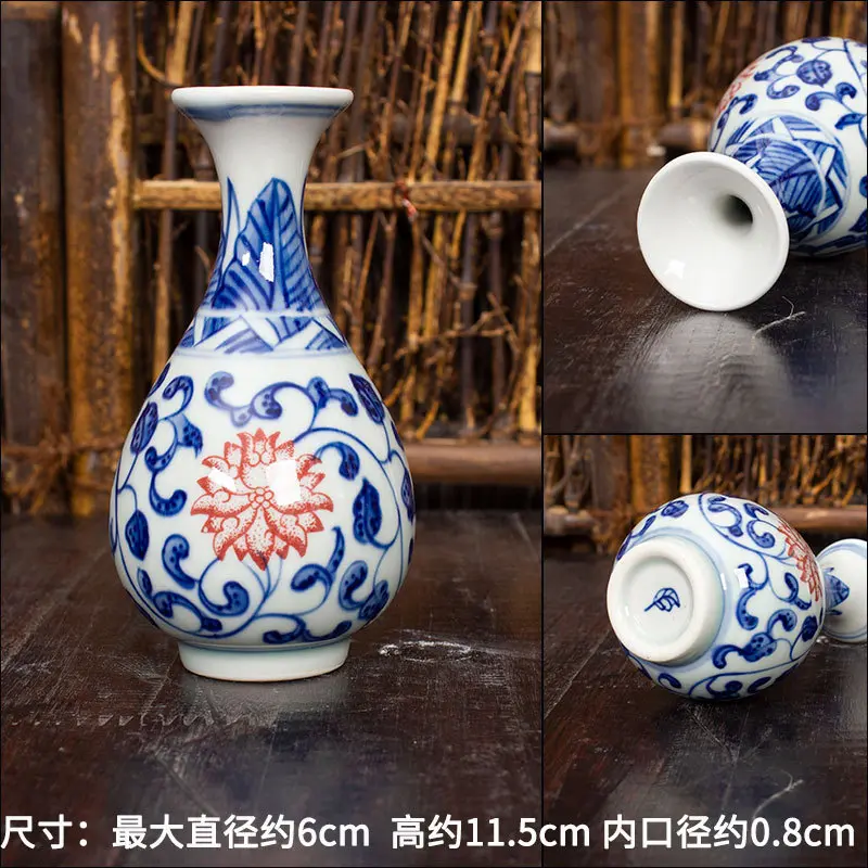 Mini sized ceramic vase furniture furnishing articles hand painted blue and white porcelain bottle glazed red wrapped lotus