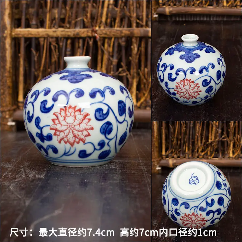 Mini sized ceramic vase furniture furnishing articles hand painted blue and white porcelain bottle glazed red wrapped lotus