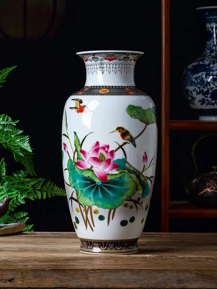 Lucky Bamboo Large Vase for Home Decoration, Blue and White Porcelain, Living Room Dried Flower Arrangement, New