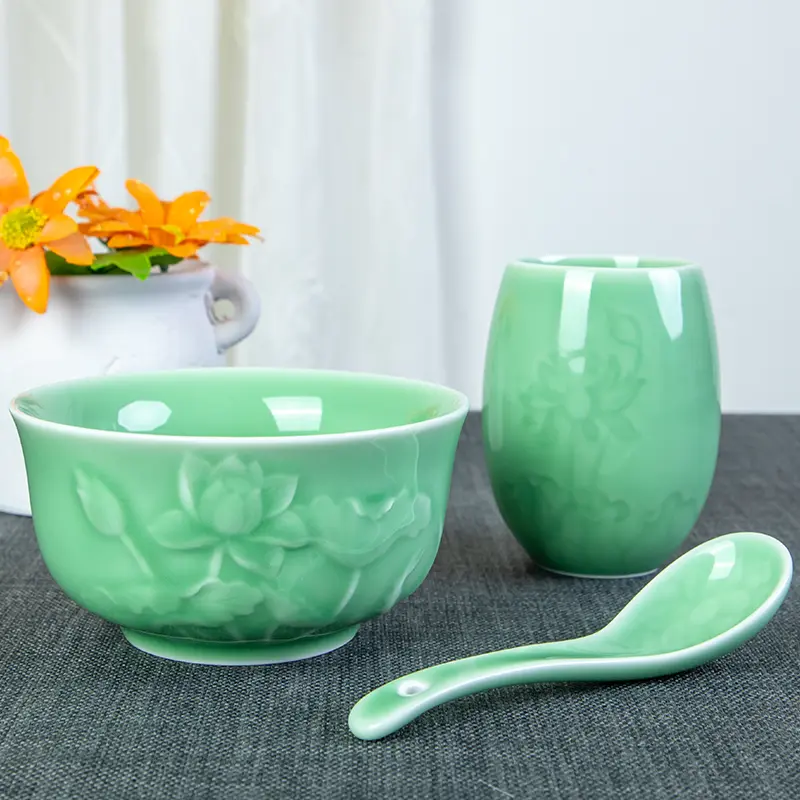 Celadonfor homerice bowl ceramic bowlchinoiserie rice bowl tableware carved pattern pure color ceramic rice bowl