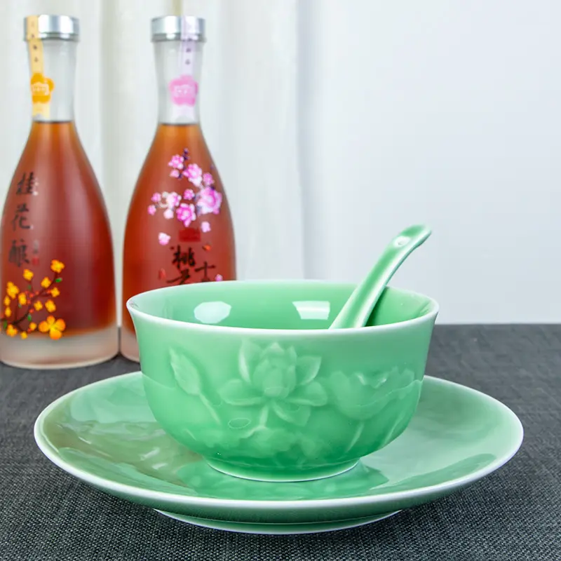 Celadonfor homerice bowl ceramic bowlchinoiserie rice bowl tableware carved pattern pure color ceramic rice bowl