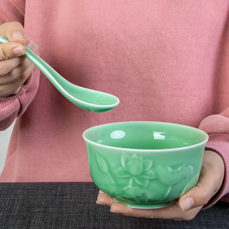 Celadonfor homerice bowl ceramic bowlchinoiserie rice bowl tableware carved pattern pure color ceramic rice bowl