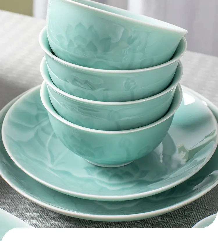 Celadon ceramic bowl for home large soup bowl chinoiserie celadon tableware pure color