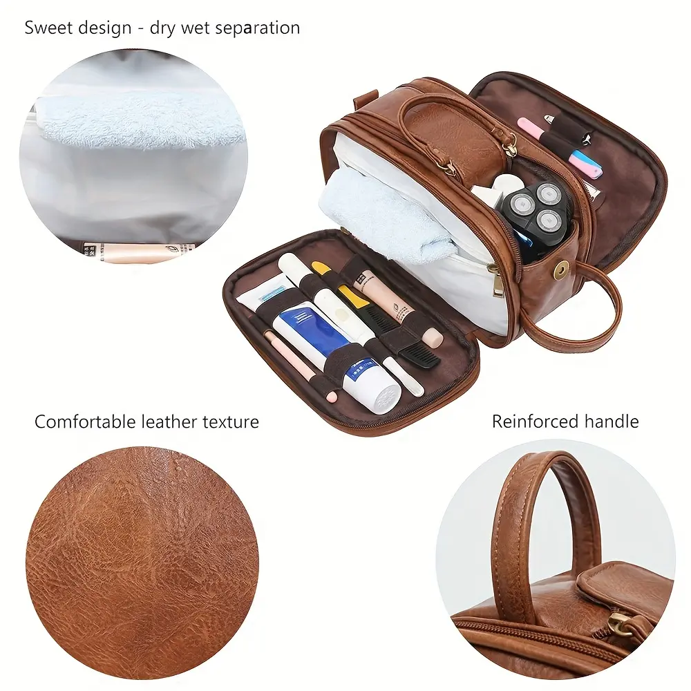 Waterproof Vintage Men Leather Toiletry Bag Travel Wash Case Pouch Shaving Dopp Kit Bathroom PU Makeup Organizer Cosmetic Bag