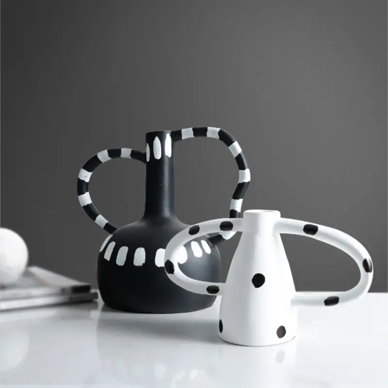 Black And White Polka Dot Double Ear Vase Decoration, Cave Style Homestay Sample Board Room Minimalist Flower Set