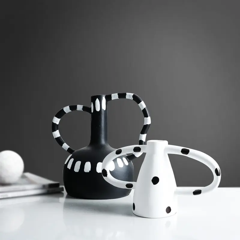 Black And White Polka Dot Double Ear Vase Decoration, Cave Style Homestay Sample Board Room Minimalist Flower Set