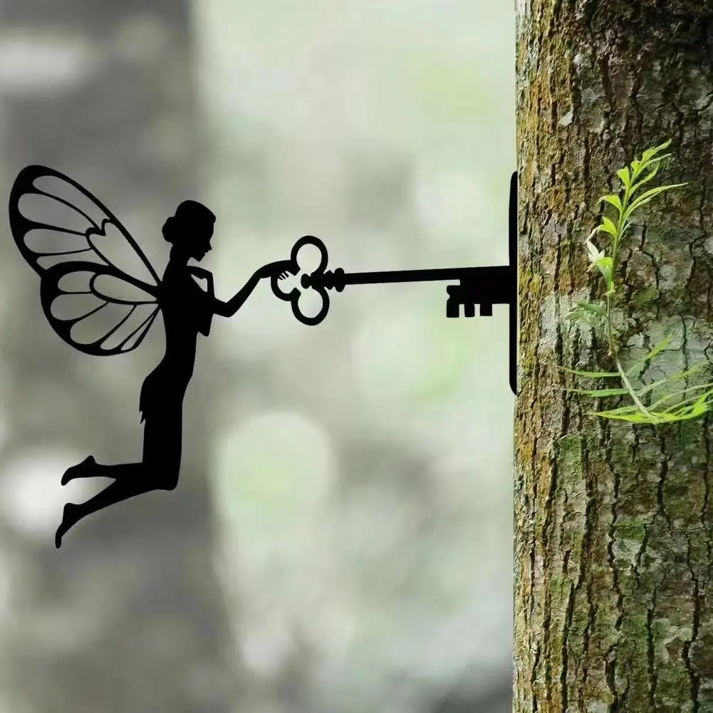 Fairy Tale Elf Tree With Key On Branch Steel Silhouette Metal Wall Art Home Garden Yard Patio Outdoor Statue Stake Decoration