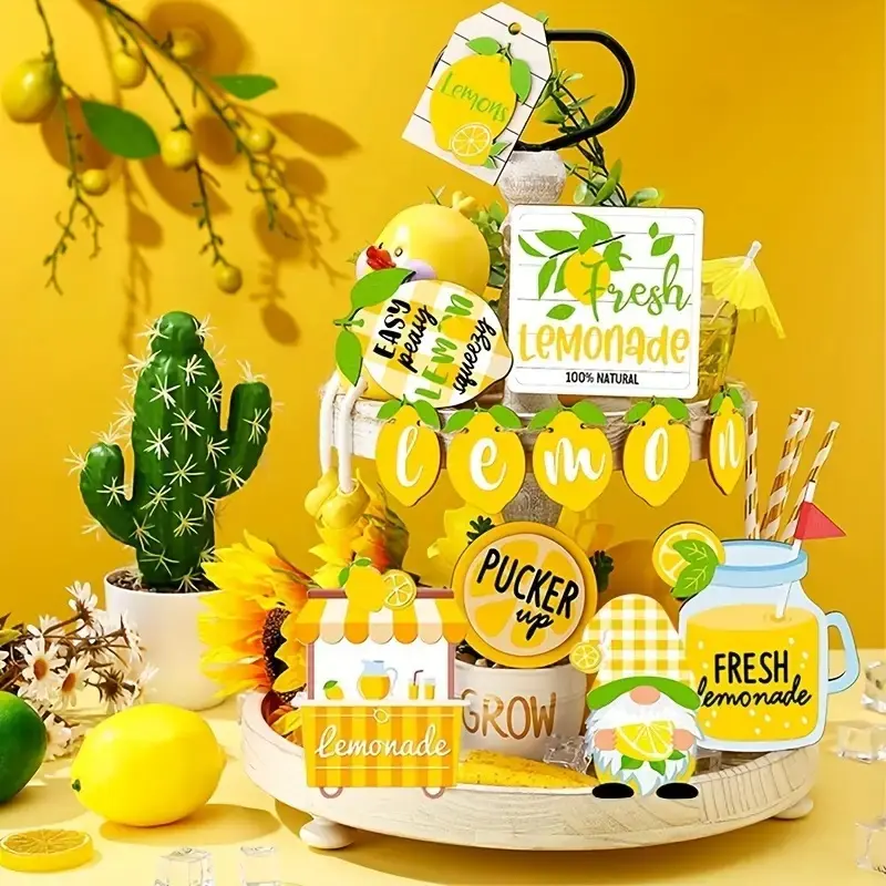 Summer Lemon Tiered Tray Decor Set Farmhouse Wood Sign Rustic Beach Decorations For Home Tie Beaded