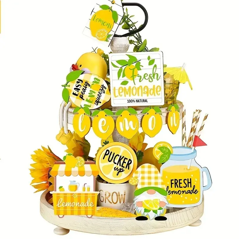 Summer Lemon Tiered Tray Decor Set Farmhouse Wood Sign Rustic Beach Decorations For Home Tie Beaded