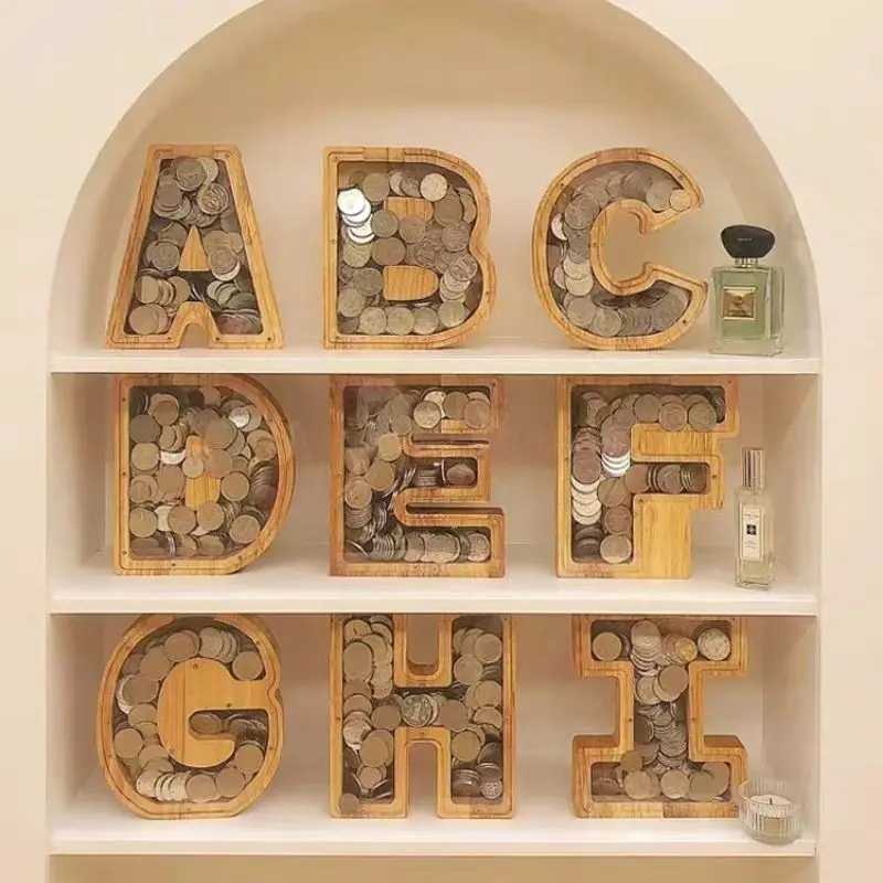 Wooden English Letter Piggy Bank Can Be Piggy Bank Children's Cartoon Gift Piggy Bank Decoration Cartoon Transparent