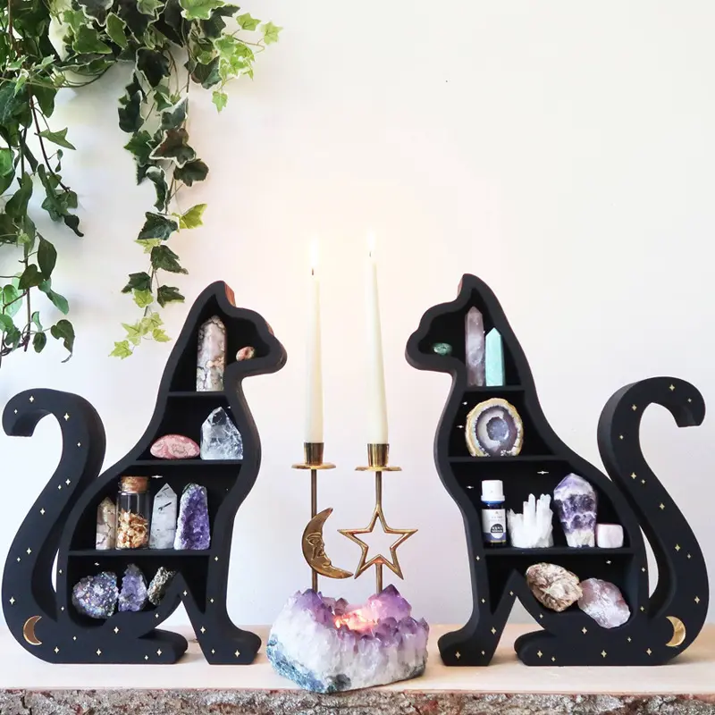 Wooden Cat-Shaped Wall-Mounted Shelf –  Home & Office Decor, Ideal for Crystals & Decorative Items