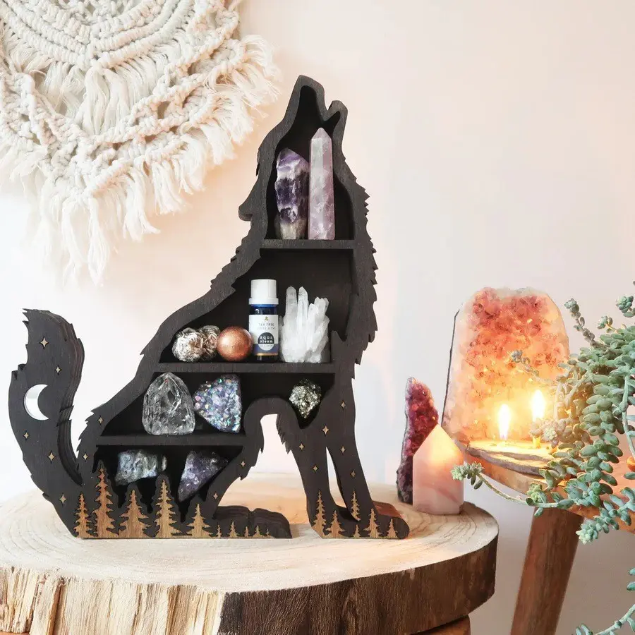 Wooden Cat-Shaped Wall-Mounted Shelf –  Home & Office Decor, Ideal for Crystals & Decorative Items