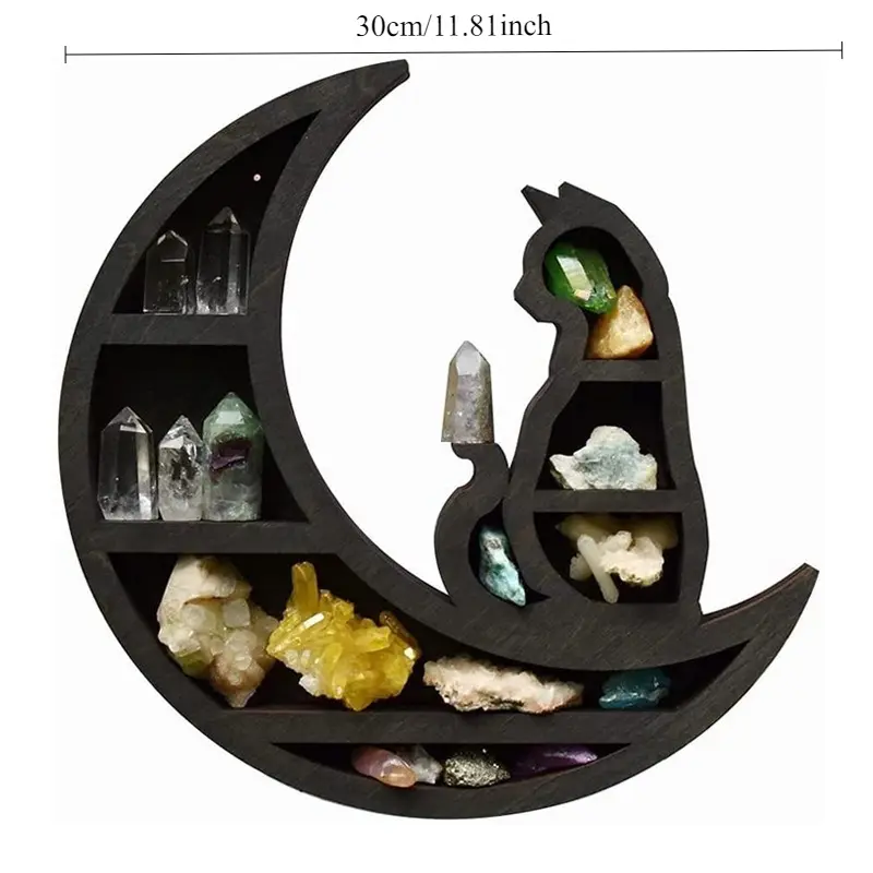 Wooden Cat-Shaped Wall-Mounted Shelf –  Home & Office Decor, Ideal for Crystals & Decorative Items