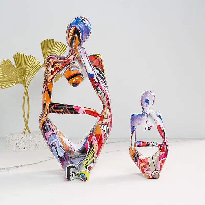 Resin Thinker Statue Colorful Art Abstract Sculpture, Modern Home Decor Accents Large Graffiti Collectible Figurines