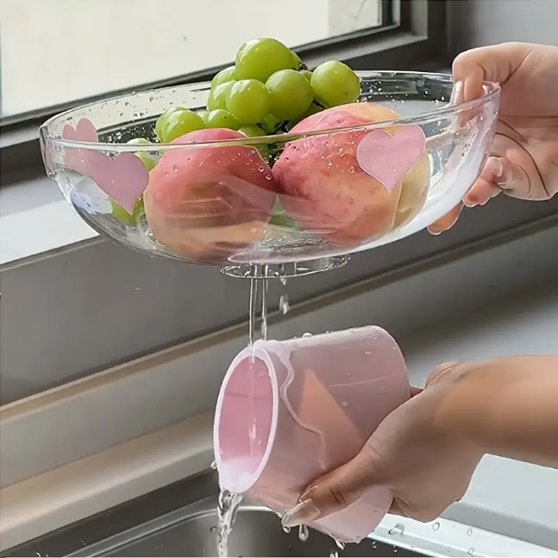 Plastic Fruit and Vegetable Draining Basket, Dual-Layer Strainer Bowl with Detachable Drip Catcher, Water Filter Basin