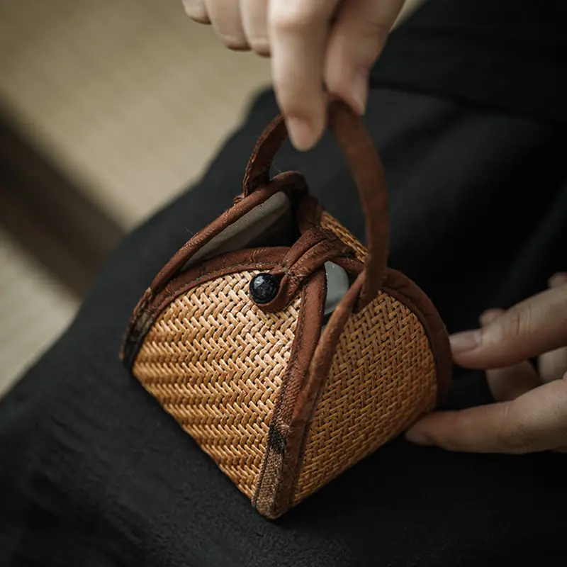 Straw Bag for Women, Summer Beach Handmade Rattan Tote Bag, Round Wooden Handle, Boho Retro Straw Woven Handbag, Large  (Brown)