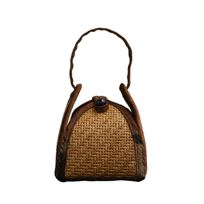 Straw Bag for Women, Summer Beach Handmade Rattan Tote Bag, Round Wooden Handle, Boho Retro Straw Woven Handbag, Large  (Brown)