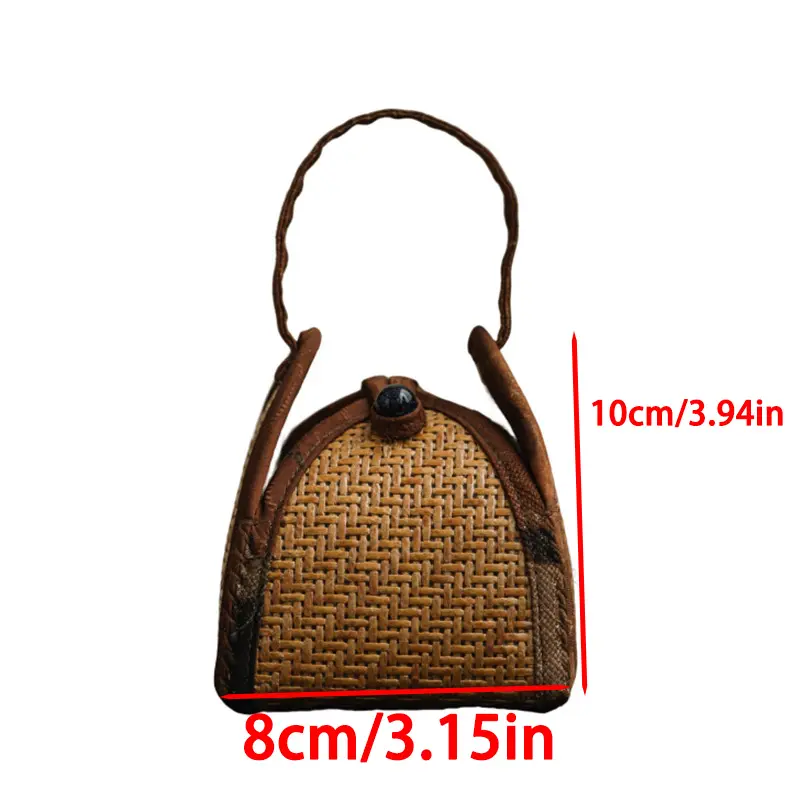 Straw Bag for Women, Summer Beach Handmade Rattan Tote Bag, Round Wooden Handle, Boho Retro Straw Woven Handbag, Large  (Brown)