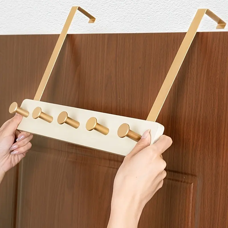 Over The Door Hook Hanger, Bamboo Coat Rack with 5 Metal Hooks, Wood Clothes Organizer for Coat, Towels, Bags, Robes (White)