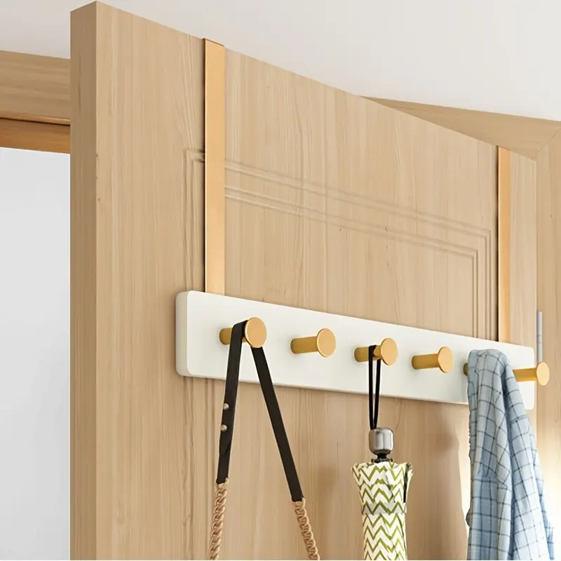 Over The Door Hook Hanger, Bamboo Coat Rack with 5 Metal Hooks, Wood Clothes Organizer for Coat, Towels, Bags, Robes (White)