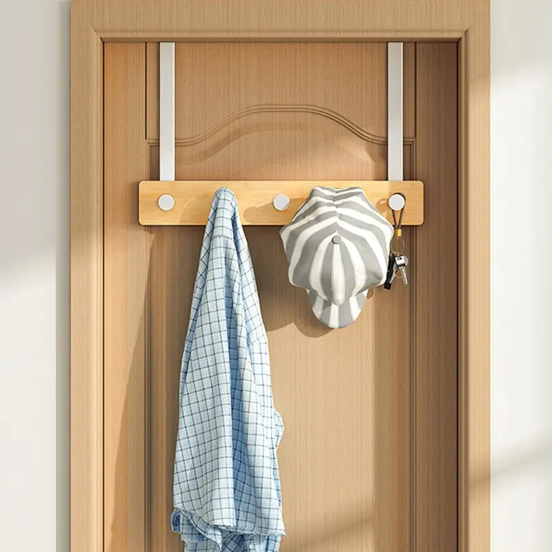 Over The Door Hook Hanger, Bamboo Coat Rack with 5 Metal Hooks, Wood Clothes Organizer for Coat, Towels, Bags, Robes (White)