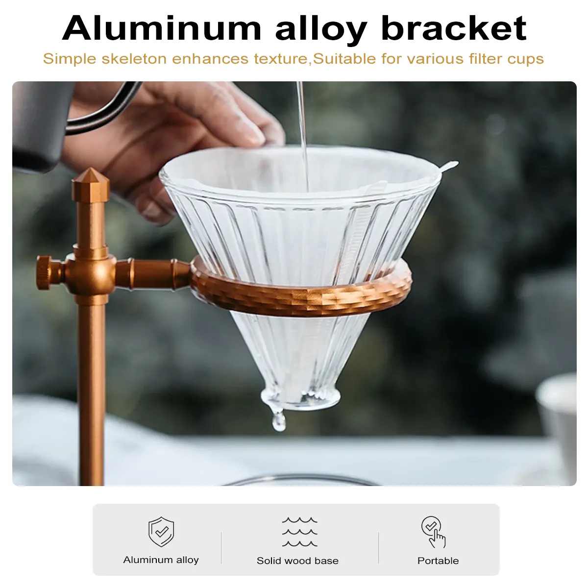 Adjustable Height Coffee Hand Brewing Stand With Vintage Wooden Base Rack Dripper Filter Cup Holder for Manual Brewing
