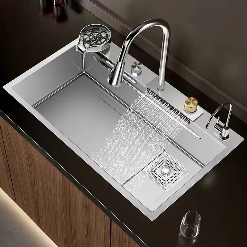 Waterfall Kitchen Sink 304 Stainless Steel Silver Nano Handmade Multifuctional Sink Waterfall Faucet Above Counter/Apron Front