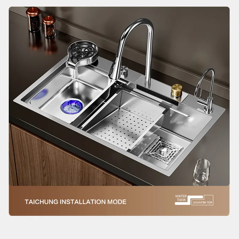 Waterfall Kitchen Sink 304 Stainless Steel Silver Nano Handmade Multifuctional Sink Waterfall Faucet Above Counter/Apron Front