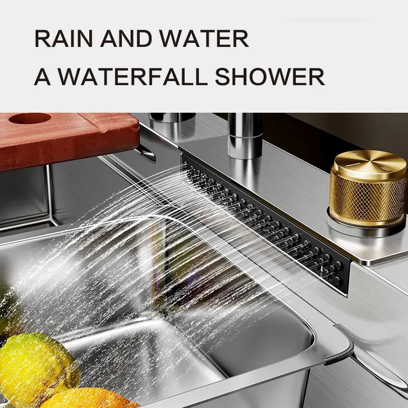 Waterfall Kitchen Sink 304 Stainless Steel Silver Nano Handmade Multifuctional Sink Waterfall Faucet Above Counter/Apron Front