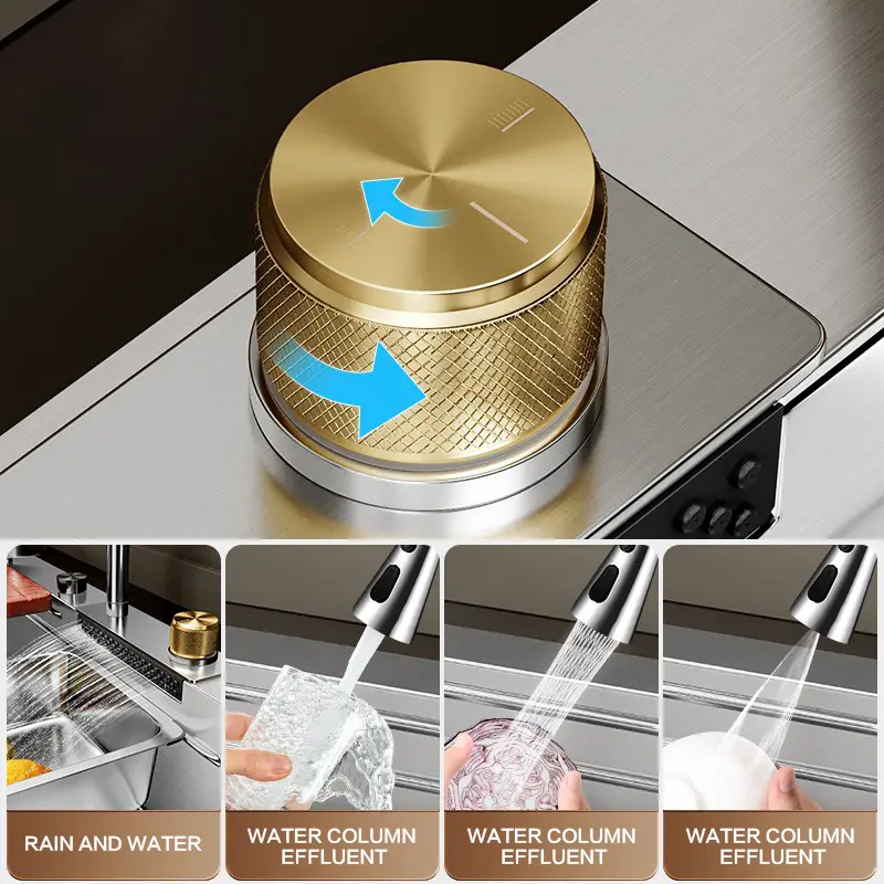 Waterfall Kitchen Sink 304 Stainless Steel Silver Nano Handmade Multifuctional Sink Waterfall Faucet Above Counter/Apron Front
