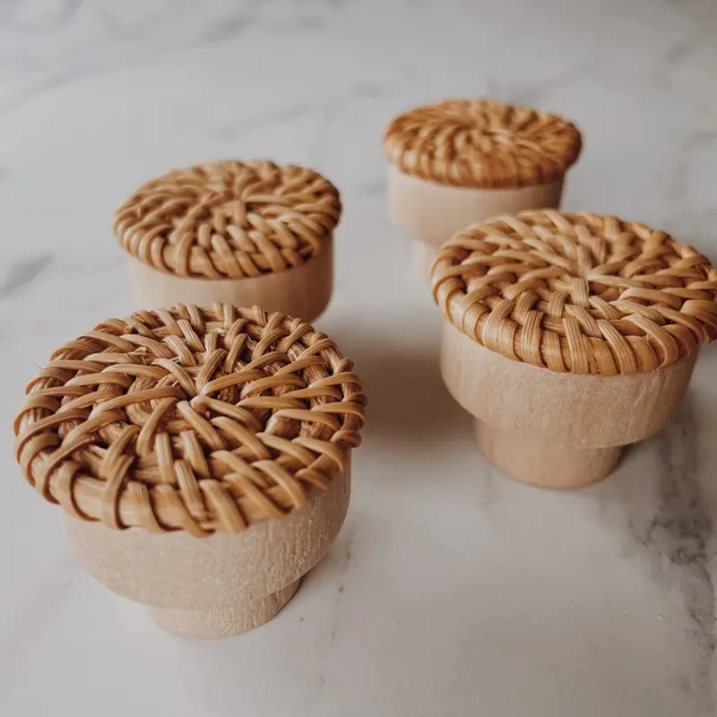 2-10Pcs Boho Rattan Dresser Knobs Round Wooden Drawer Knobs Handmade Wicker Woven And Screws For Boho Furniture Knobs
