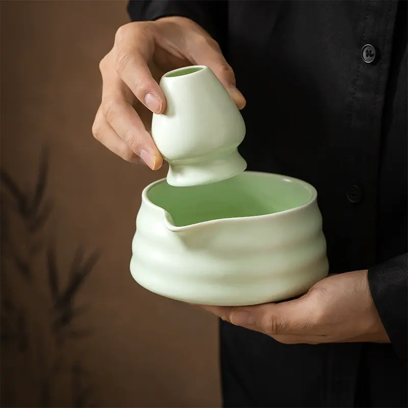 1/2Pcs Traditional Japanese Matcha Bowl and Whisk Holder Tea Bowl with Pouring Spout for Office Table Tea Ceremony Party Gift