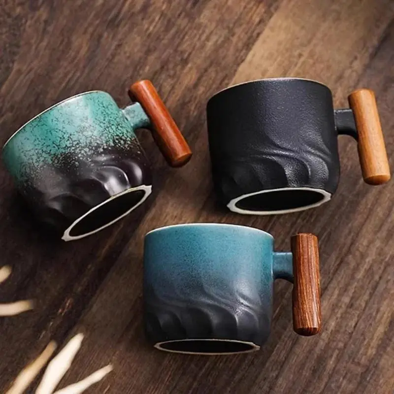 1-6PC Ceramic Retro Coffee Cup Office Water Cup Filter Tea Mug Wooden Handle Coffee Mug Handmade Tea Coffee Cup Birthday Gift